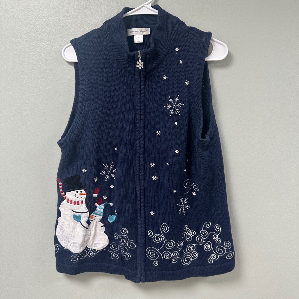 Christopher & Banks Snowman Snowflake Knit Sweater Vest Navy Blue Large Full Zip